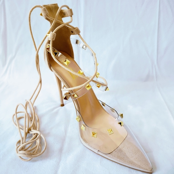 Beige Lucite Lace Up Heels - Picture 3 of 5